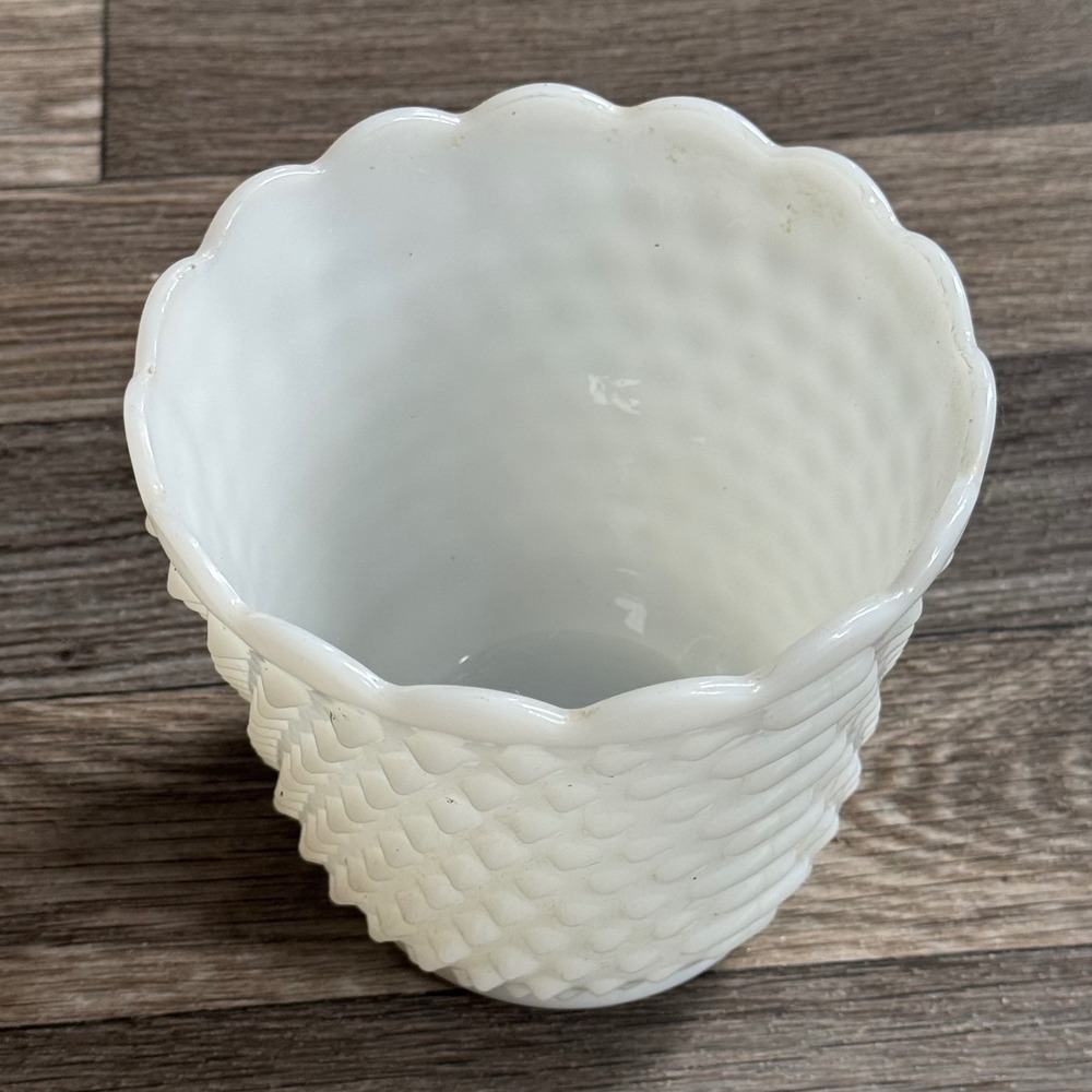 Fire-King Planter White Milk Glass Hobnail Basketweave Scalloped Rim Vintage